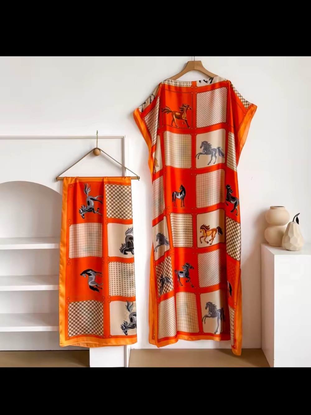 Orange Horse Print Silk Caftan and Scarf Set